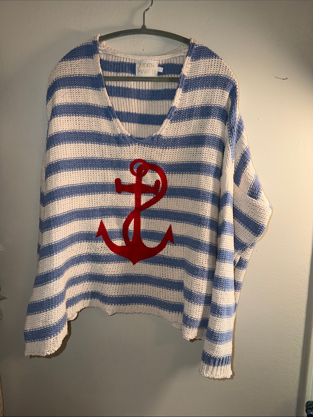 Judith March Blue & White Striped V-Neck Sweater with Embroidered Red Anchor